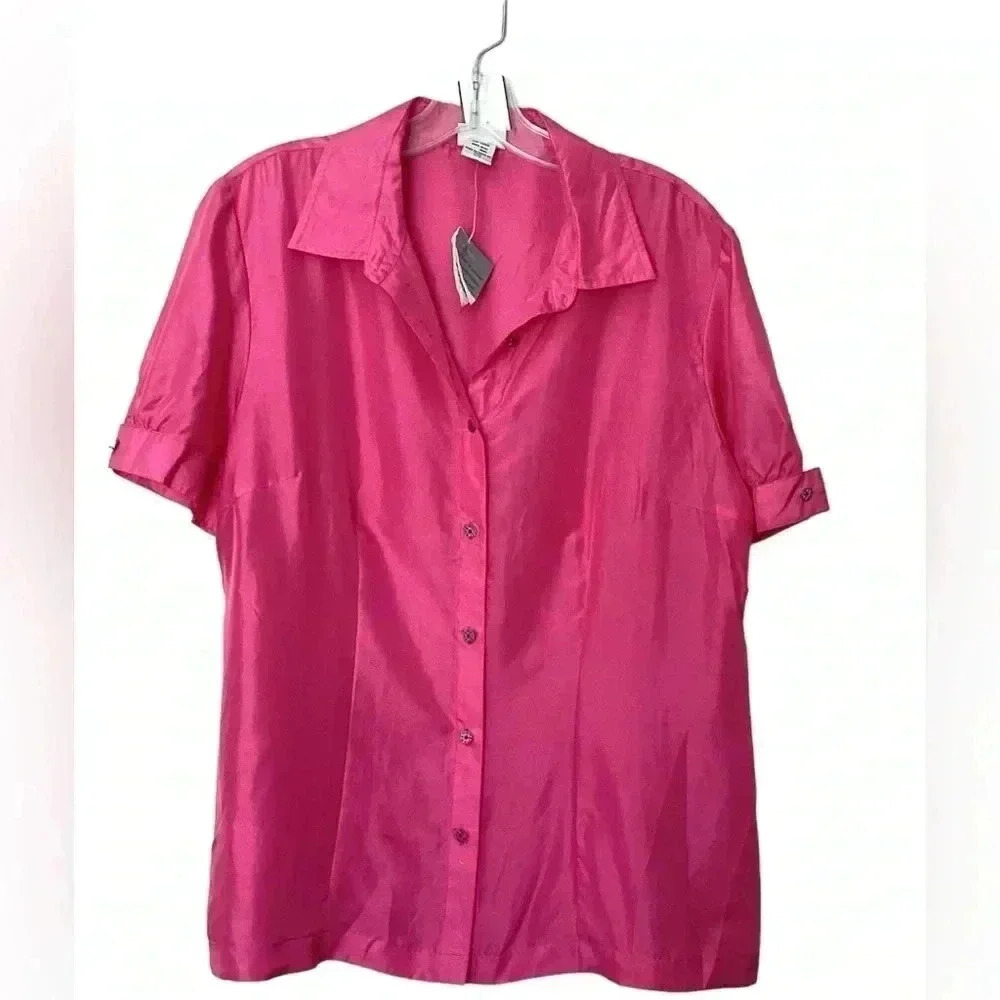Jaclyn Smith 100% Silk Hpt Pink Short Sleeve Top Blouse Size Large
